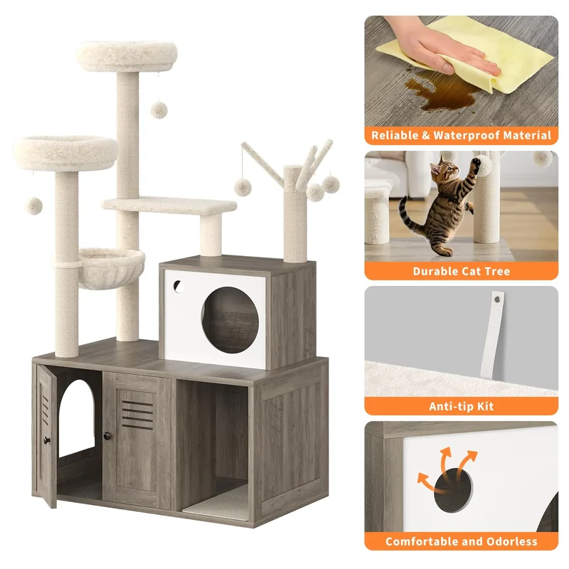 Arbre à Chat Bois design avec Bac à Litière - Modèle WoodNest