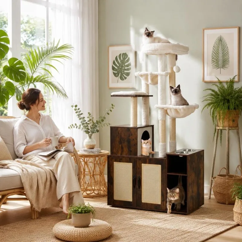 Meuble Arbre à Chat 3-en-1 avec Cache Litière, Gamelles Surélevées et Griffoirs Sisal – Modèle "La Résidence Maline"