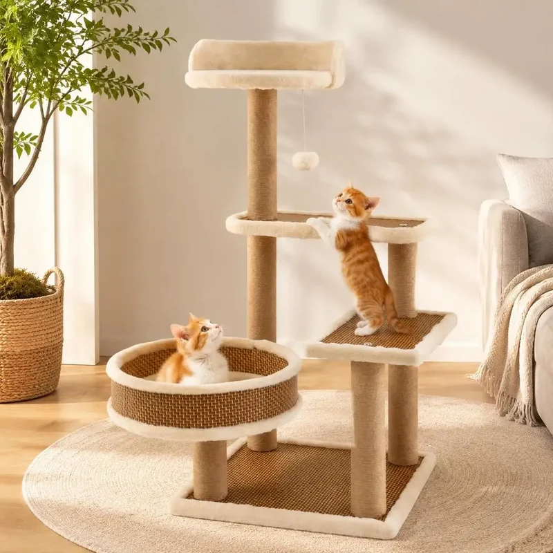Arbre à Chat 90 cm avec Natte en Rotin Tressé, Griffoirs et Coussin Amovible – Modèle "La Natte Tressée"