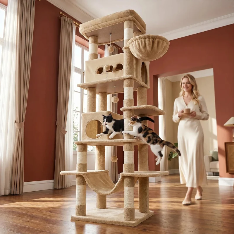 Arbre à Chat 210 cm Large avec 8 Griffoirs Sisal, 2 Niches et Hamac – Modèle "Le Grand Camel"