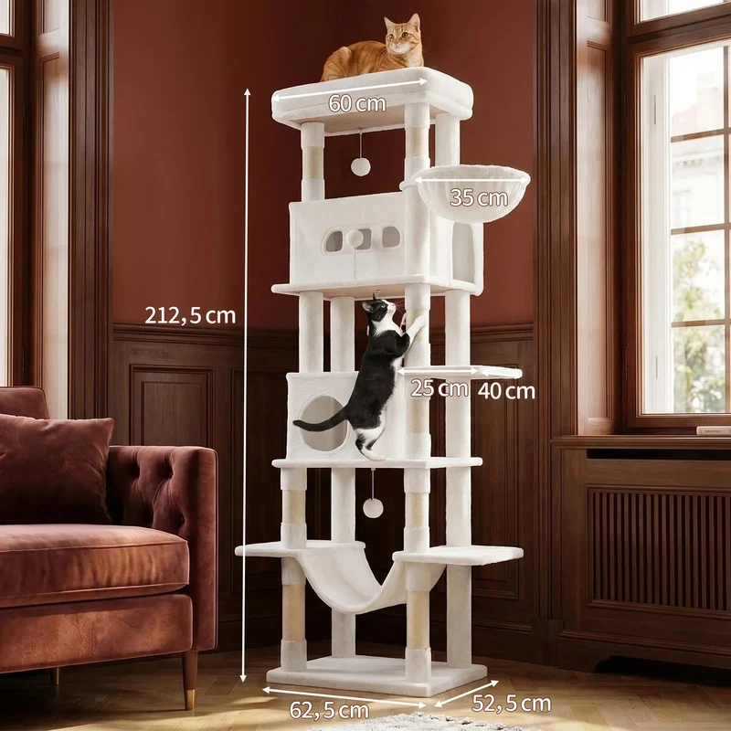 Arbre à Chat 210 cm Large avec 8 Griffoirs Sisal, 2 Niches et Hamac – Modèle "Le Grand Camel"