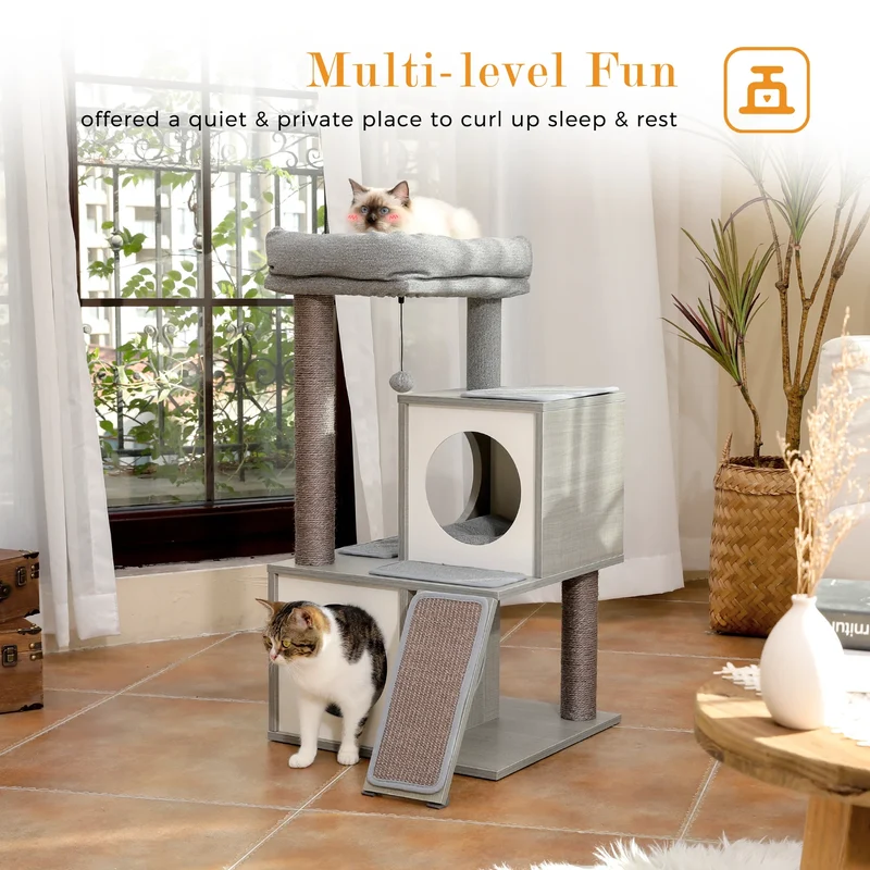 Arbre à Chat 89 cm en Bois Gris avec 2 Niches Rondes et Rampe Griffoir – Modèle "Le Petit Loft"