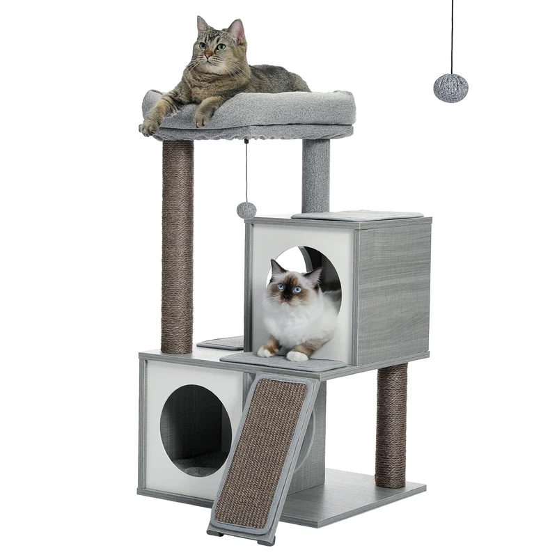 Arbre à Chat 89 cm en Bois Gris avec 2 Niches Rondes et Rampe Griffoir – Modèle "Le Petit Loft"