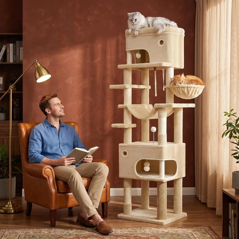 Arbre à Chat XXL 211 cm avec 3 Niches, Hamac et 7 Griffoirs Sisal – Modèle "Le Palais Perché"