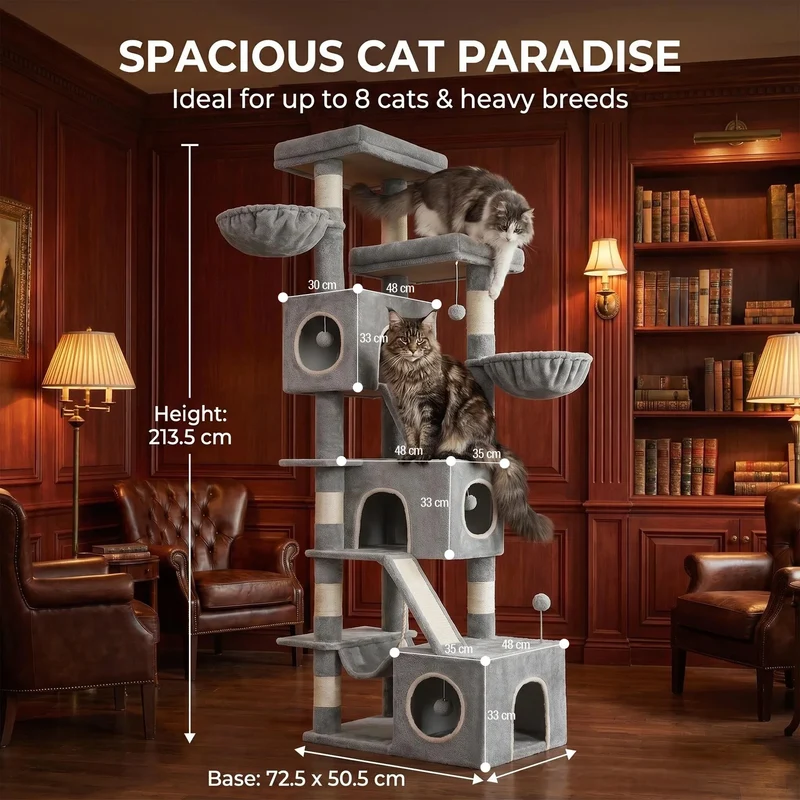 Arbre à Chat XXL 211 cm avec 3 Niches, Hamac et 7 Griffoirs Sisal – Modèle "Le Palais Perché"