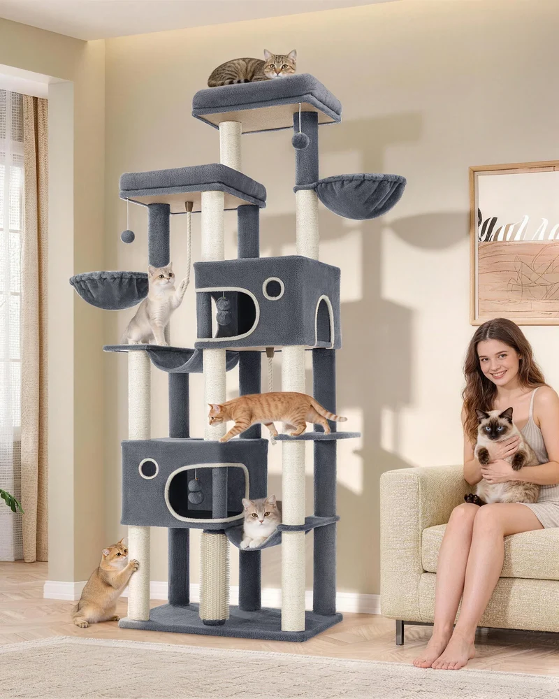 Arbre à Chat XXL 213 cm Maine Coon avec 2 Hamacs, 2 Niches et 10 Griffoirs Sisal – Modèle "La Tour Majestueuse"