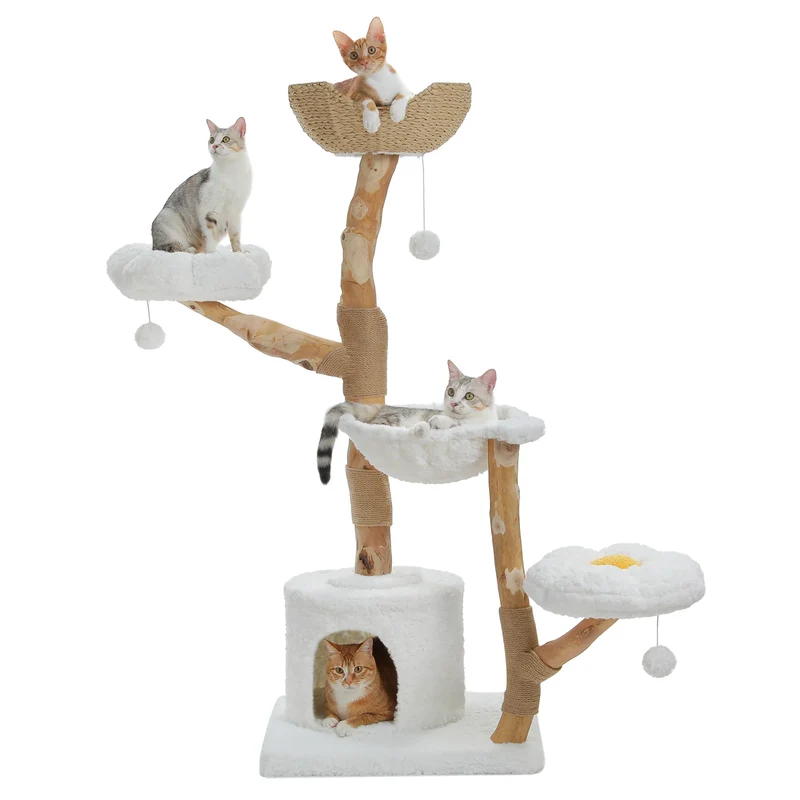 Arbre à Chat Fleur 150 cm en Bois Massif avec Panier Tressé et Hamac – Modèle "Le Jardin Suspendu"