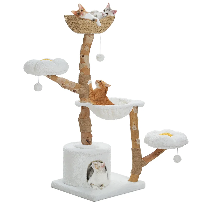 Arbre à Chat Fleur 150 cm en Bois Massif avec Panier Tressé et Hamac – Modèle "Le Jardin Suspendu"