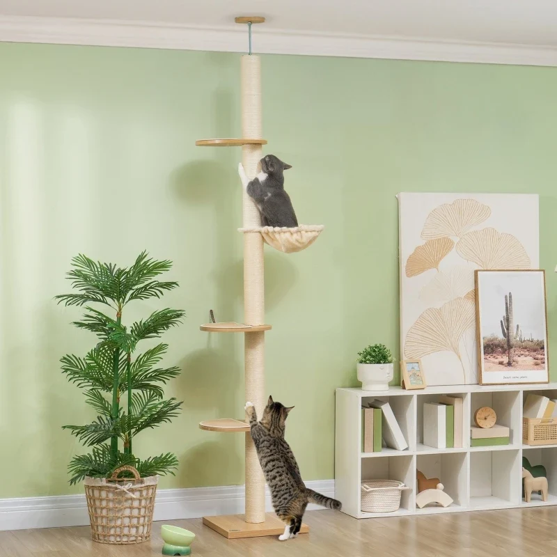 Arbre à Chat Plafond 230-250 cm sur Barre de Tension Chêne et Blanc Crème – Modèle "La Colonne du Plafond"