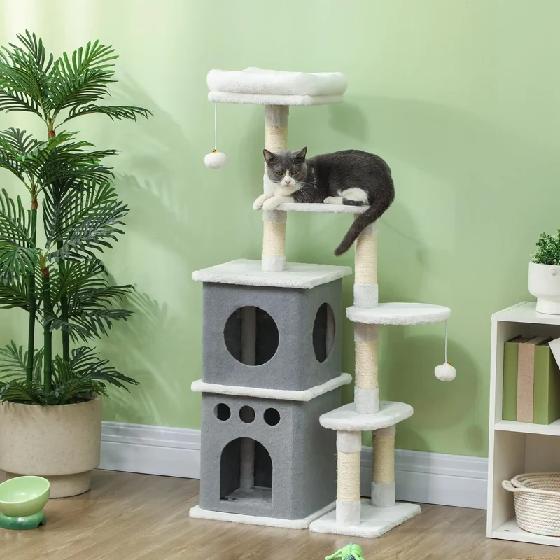 Arbre à Chat 126 cm Crème avec 2 Niches, Hamac et Griffoirs Sisal – Modèle "Le Petit Tabouret"