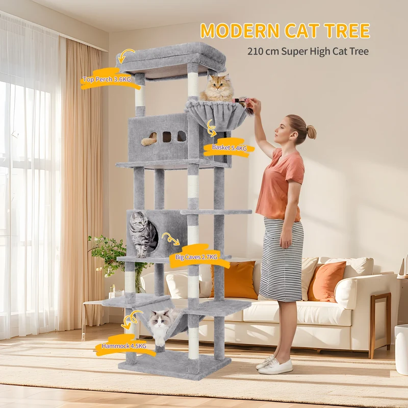 Arbre à Chat 210 cm avec 8 Griffoirs Sisal, 2 Niches et Hamac – Modèle "La Grande Échappée"