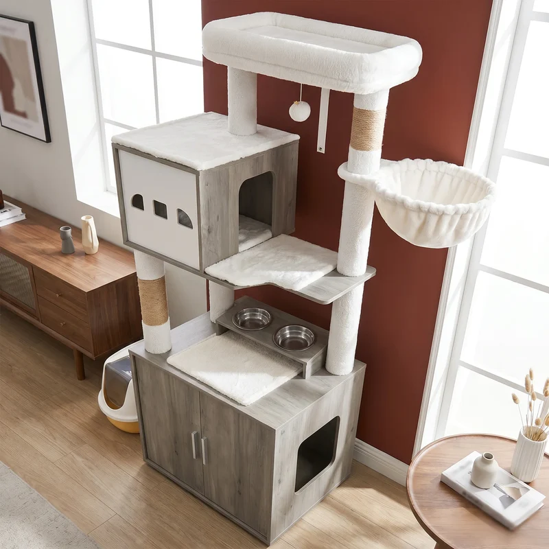 Arbre à Chat 4-en-1 150 cm avec Cache Litière, Gamelles Inox et Griffoirs – Modèle "La Villa Complète"