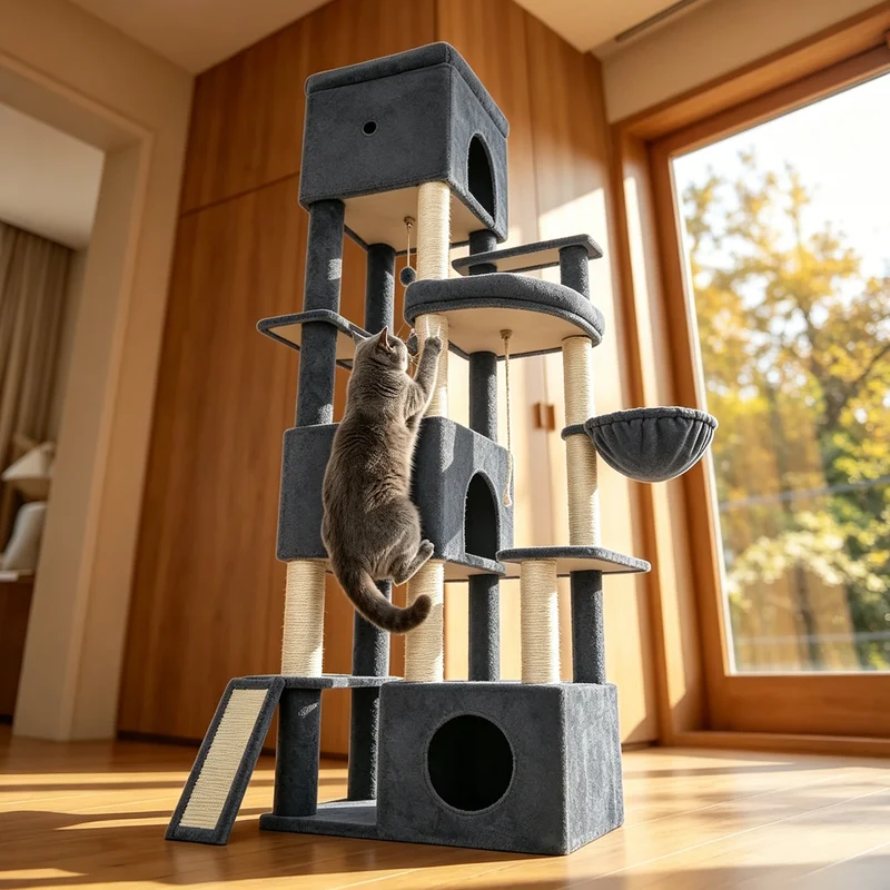 Arbre à Chat XXL 202 cm Maine Coon avec 3 Niches, Hamac et 7 Griffoirs – Modèle "Le Manoir Gris"