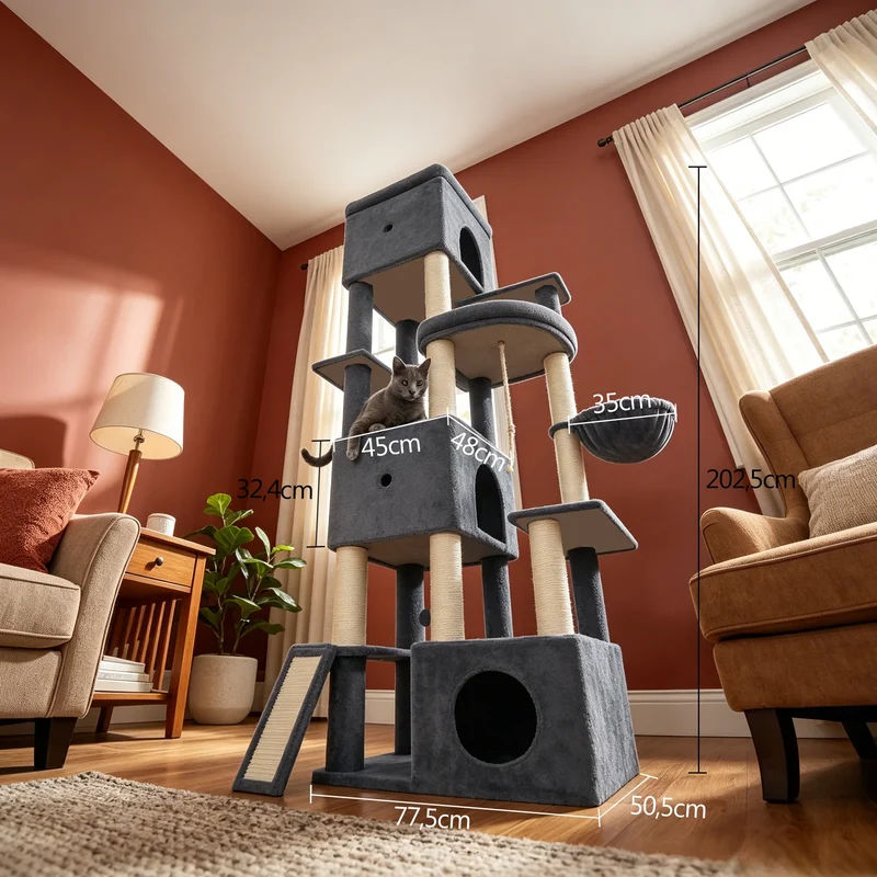 Arbre à Chat XXL 202 cm Maine Coon avec 3 Niches, Hamac et 7 Griffoirs – Modèle "Le Manoir Gris"