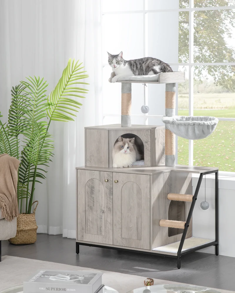 Meuble Arbre à Chat 4-en-1 121 cm avec Cache Litière, Hamac et Griffoirs – Modèle "La Maison Discrète"