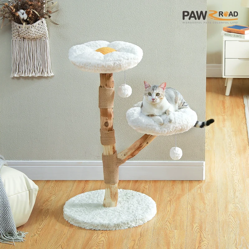 Arbre à Chat Fleur 92 cm en Bois Massif Blanc Nuage avec Griffoir Sisal – Modèle "La Fleur des Nuages"