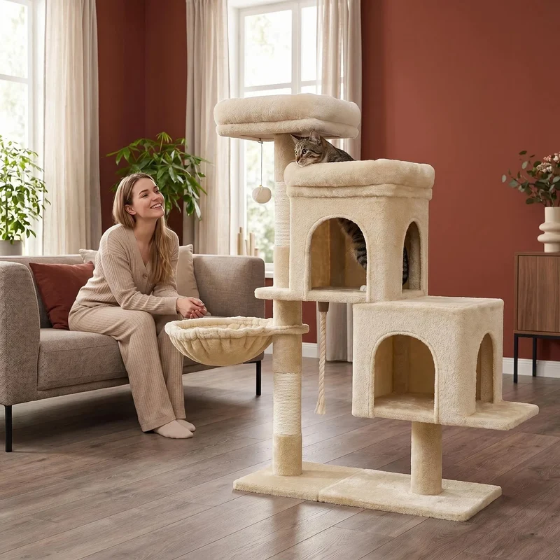 Arbre à Chat 95 cm Beige avec Base Réversible, 2 Niches et Griffoirs Sisal – Modèle "Le Coin Beige"
