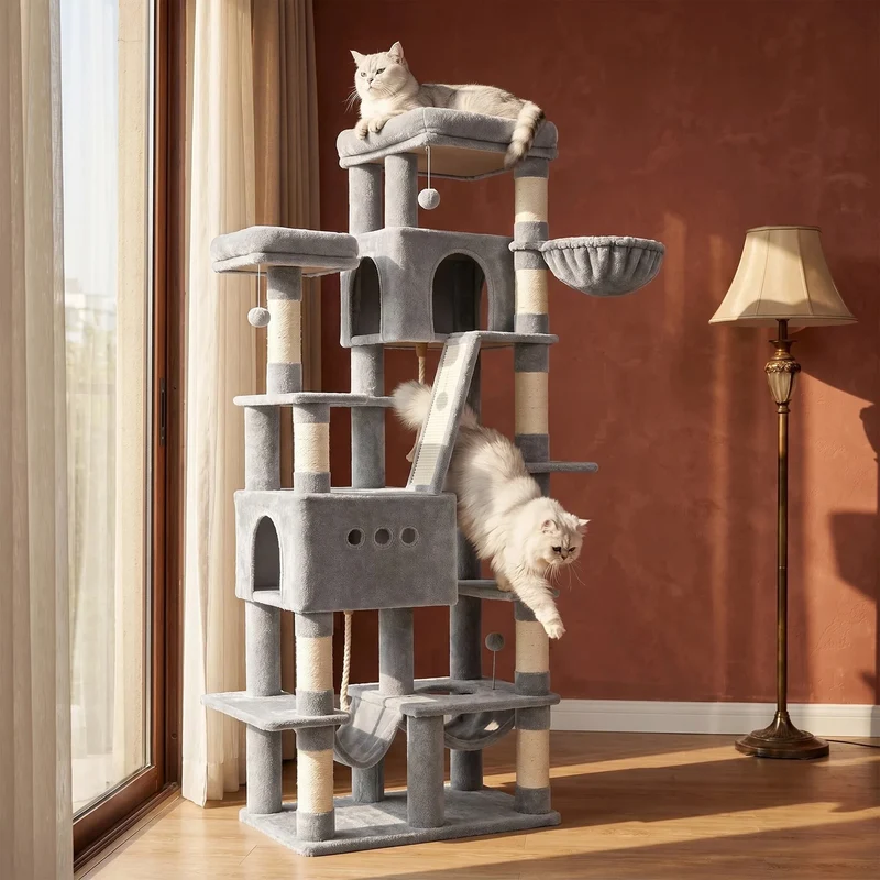 Arbre à Chat XXL 201 cm Maine Coon avec 9 Griffoirs, 2 Hamacs et 2 Niches – Modèle "Le Château des Nuages"