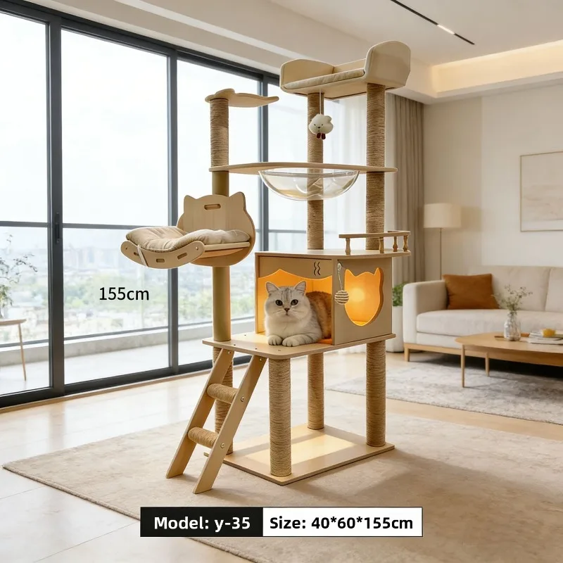 Arbre à Chat en Bois 150-155 cm avec Capsule Spatiale et Griffoirs – Modèle "La Capsule Spatiale"
