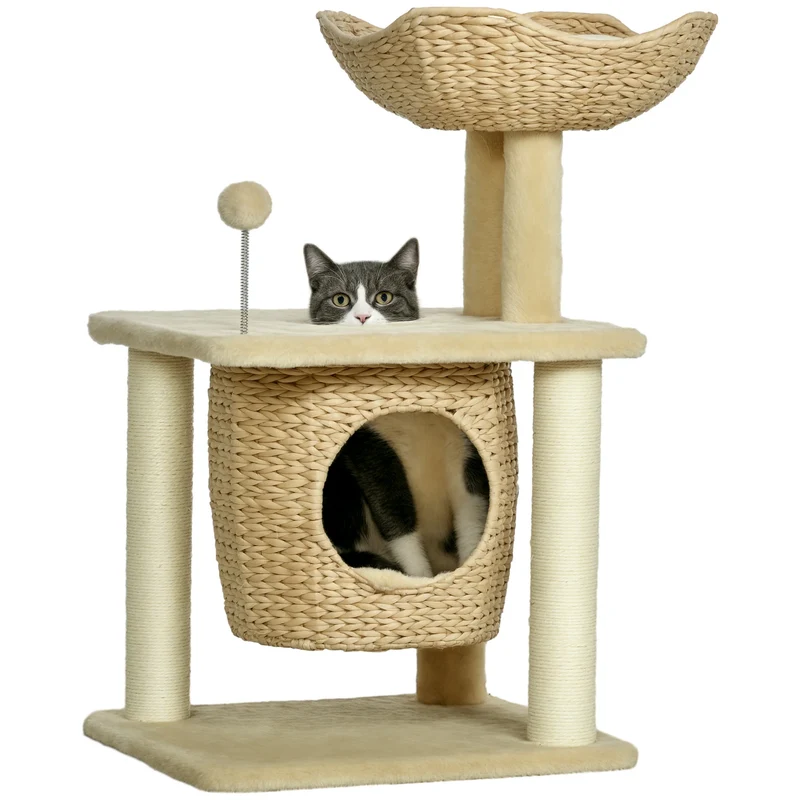 Arbre à Chat 74 cm Beige avec Niche, Panier Tressé et Griffoir Sisal – Modèle "La Petite Bohème"