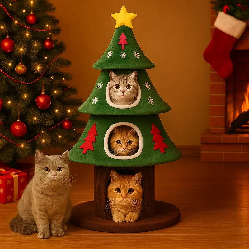 Arbre à Chat Design Sapin de Noël avec Cabane, Griffoirs et Balle – Modèle "Le Petit Sapin"