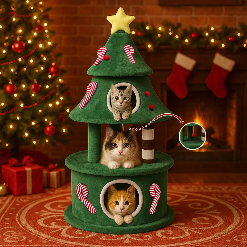 Arbre à Chat Design Sapin de Noël avec Cabane, Griffoirs et Balle – Modèle "Le Petit Sapin"