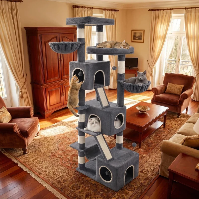 Arbre à Chat XXL 213 cm Maine Coon avec 3 Niches, Hamac et 7 Griffoirs Sisal – Modèle "Le Grand Castel"