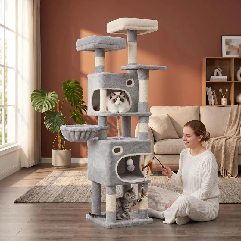 Arbre à Chat 159 cm avec 8 Griffoirs Sisal, 3 Plateformes et 2 Niches – Modèle "La Tour Nuage"
