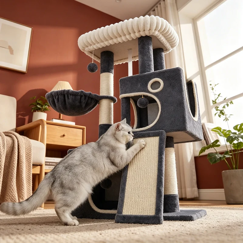 Arbre à Chat 113 cm Gris Anthracite avec Niche, Rampe et Griffoirs Sisal – Modèle "Petit Requin"