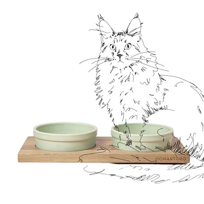 Porte gamelle pour chat en bois de chêne et grés cerame - Modèle TECCA T