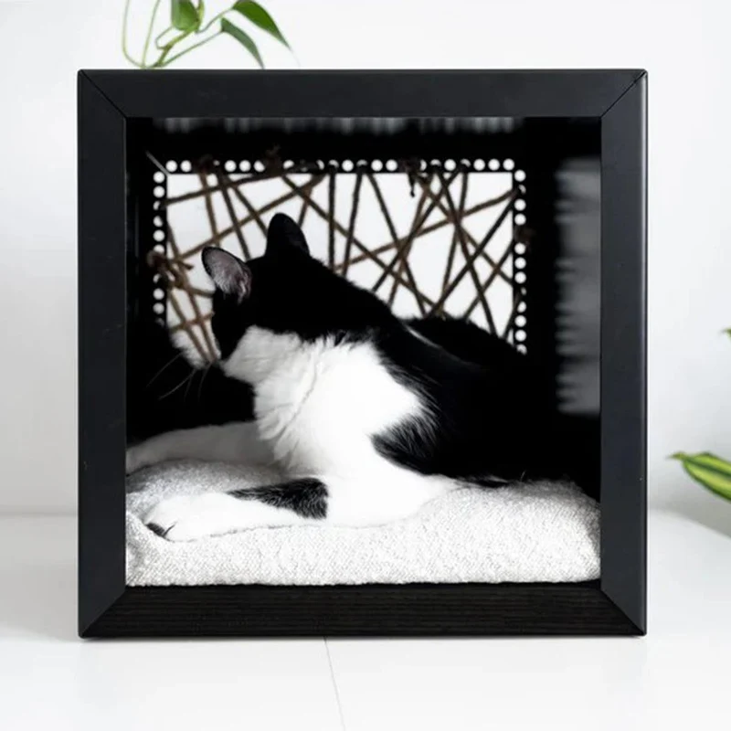 Niche pour chat d'intérieur design en tôle thermolaquée et base en châtaignier - Modèle CUBO