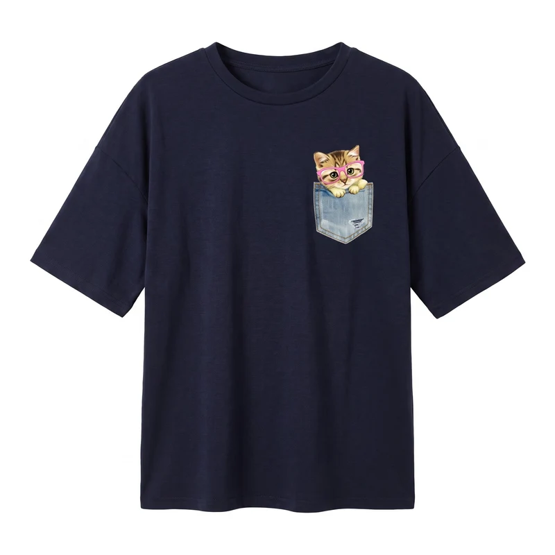 T-shirt à manches courtes avec imprimé de chat dans une poche pour femme