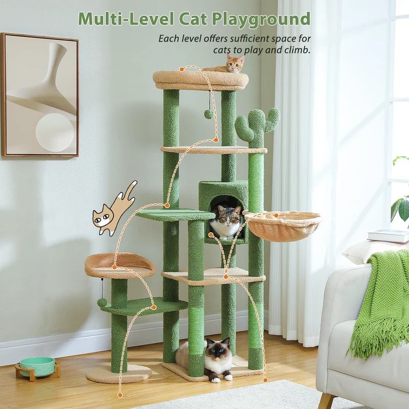 Kaktus-Kratzbaum mit Katzenhaus und Hängematte - Modell: "CactusPalace"