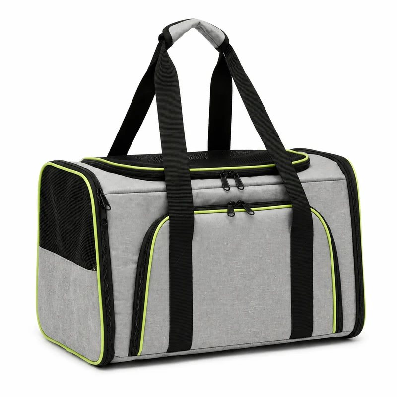 Sac de transport pliable et respirant vert et gris pour chat