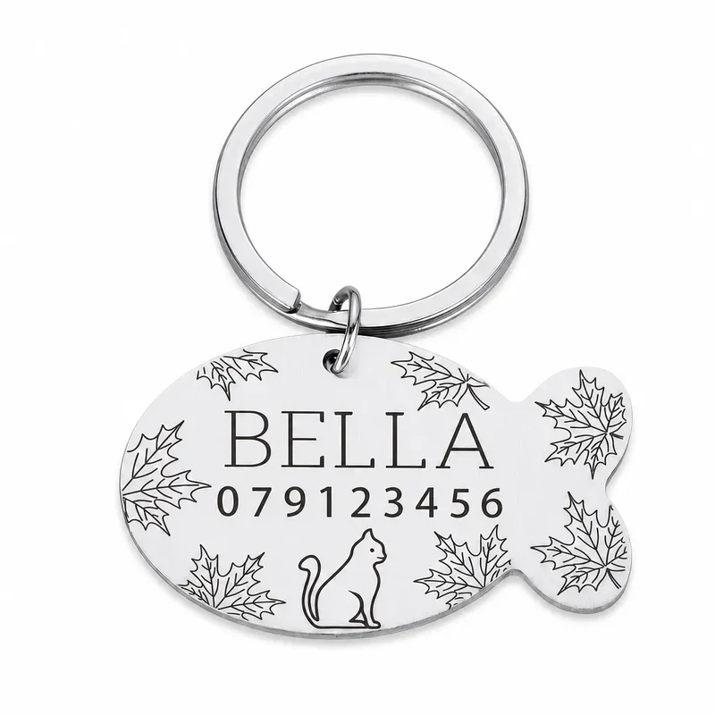 Plaque de collier personnalisée avec gravure en forme de poisson en acier inoxydable pour chat