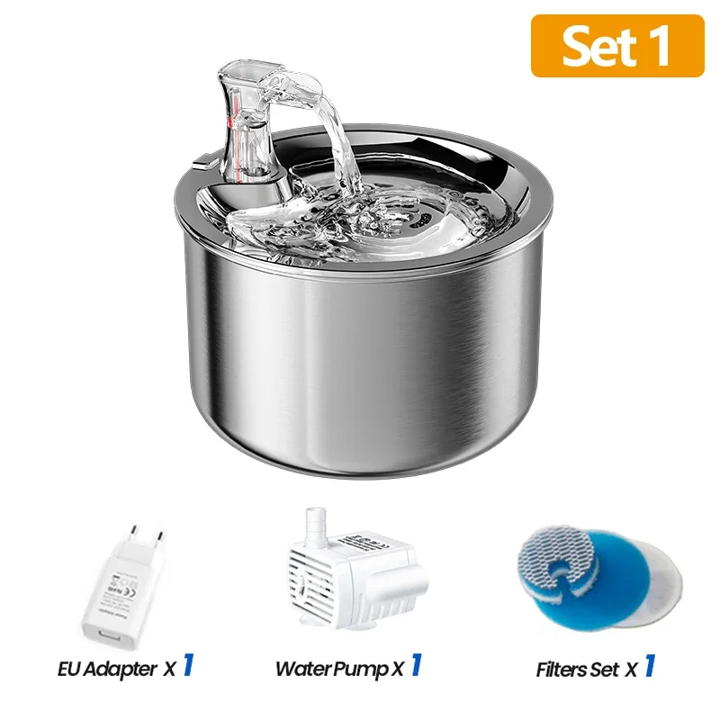Fontaine à eau pour chat design en acier inoxydable 2L avec double filtration silencieuse "Source Argentée"