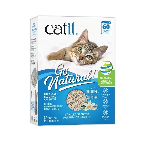 Litière agglomérante Multi-Chats Go Natural! Catit, Mélange cosses de pois et bentonite, parfum de vanille, boîte de 6.4kg
