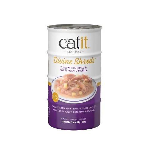 Garnitures Catit Divine Shreds - Thon avec shirasu et patate douce en gelée - 4 x conserves de 85 gr