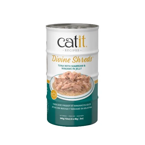 Garnitures Catit Divine Shreds - Thon avec pageot et wakamé en gelée - 4 x conserves de 85 gr
