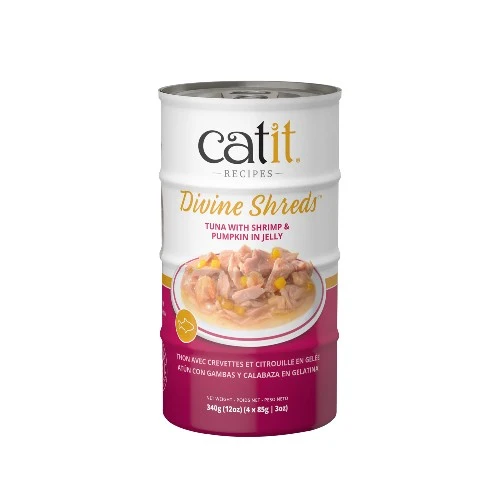 Garnitures Catit Divine Shreds - Thon avec crevettes et citrouille en gelée - 4 x conserves de 85 gr