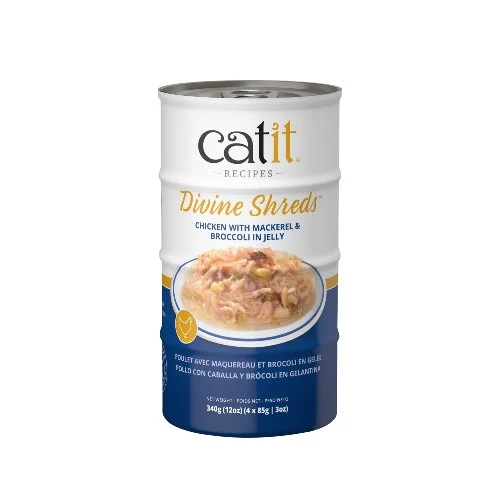 Garnitures Catit Divine Shreds - Poulet avec maquereau et brocoli en gelée - 4 x conserves de 85 gr