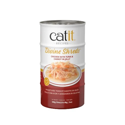 Garnitures Catit Divine Shreds - Poulet avec thon et carotte en gelée - 4 x conserves de 85 gr