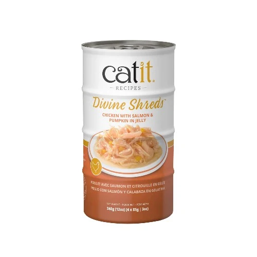 Garnitures Catit Divine Shreds - Poulet avec saumon et citrouille en gelée - 4 x conserves de 85 gr