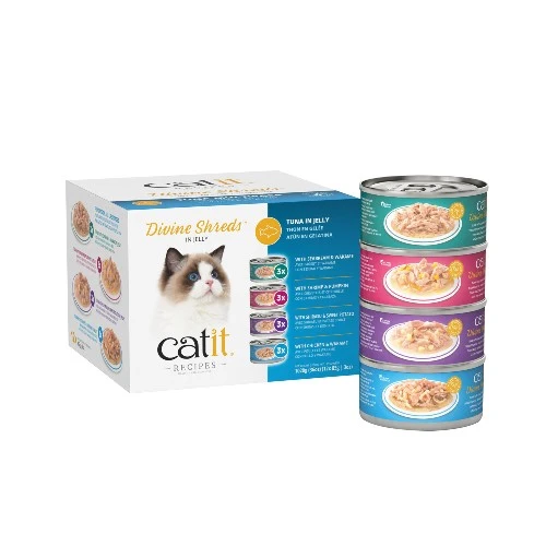 Garnitures Catit Divine Shreds en gelée, Assortiment au thon, 12 conserves de 85 g