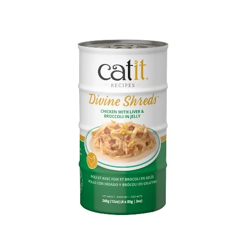 Garnitures Catit Divine Shreds - Poulet avec foie et brocoli en gelée - 4 x conserves de 85 gr