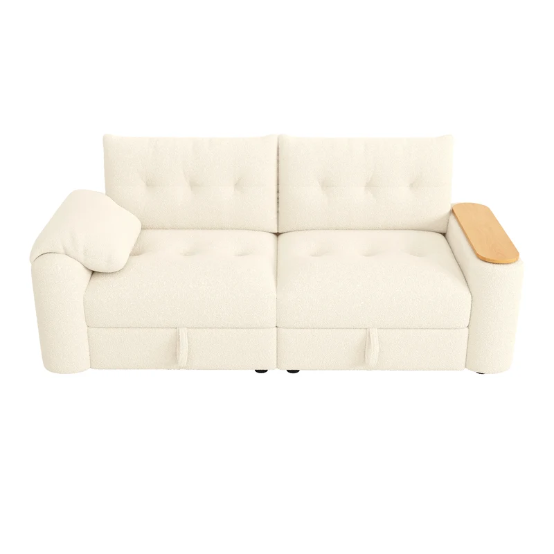 Canapé modulable 2-3 places en bouclé beige avec coffre de rangement et tablette pivotante MYSTICLAM