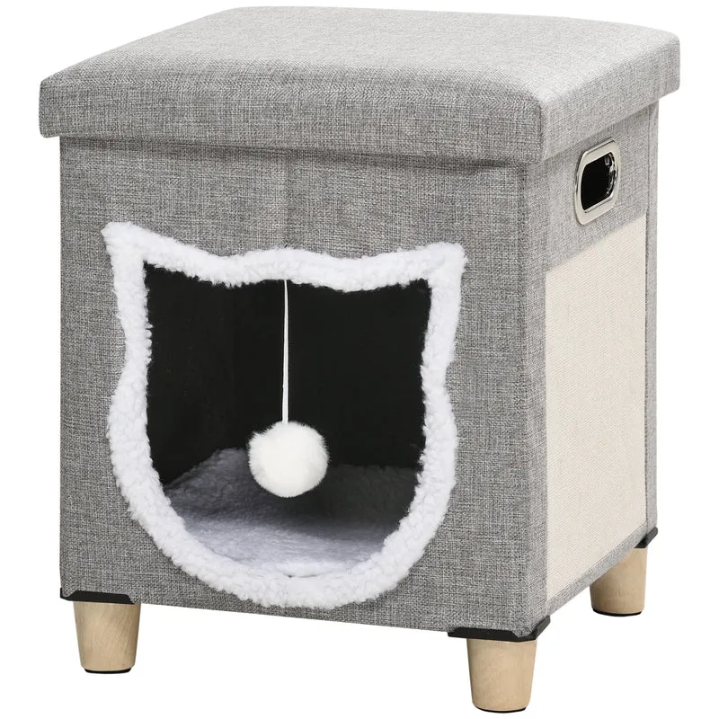 Ottomane gris maison pour chat avec coussin, tapis à griffer, balle de jeu, jusqu’à 5kg, 35,5x35,5x42,5cm Mosspeak