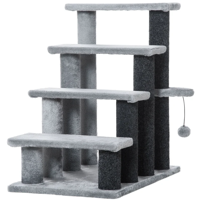 Escalier 4 marches peluche gris avec balle de jeu et plateforme 64 cm Skywillow