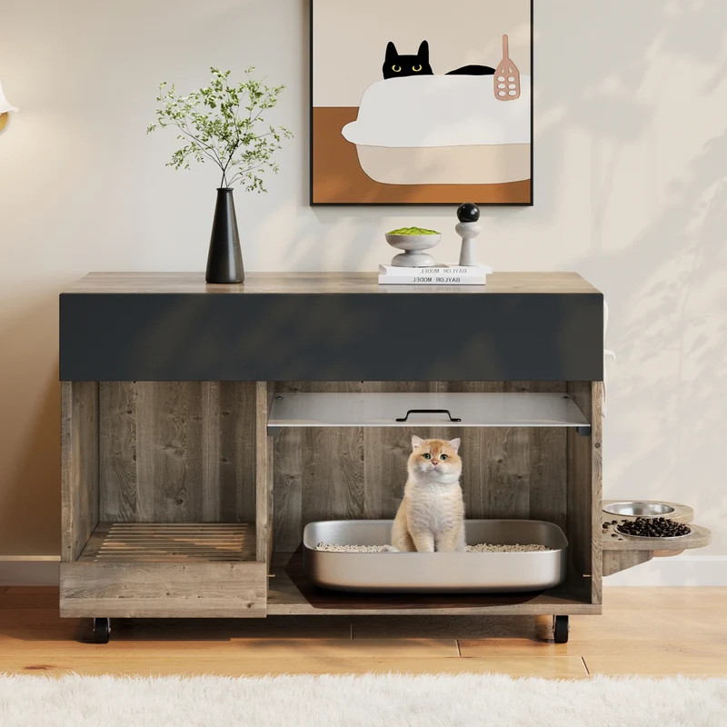 Armoire cache-litière chat mobile chêne, roulettes, plateau attrape-sable, gamelles incluses 100x45,5x67cm FOLIOSE