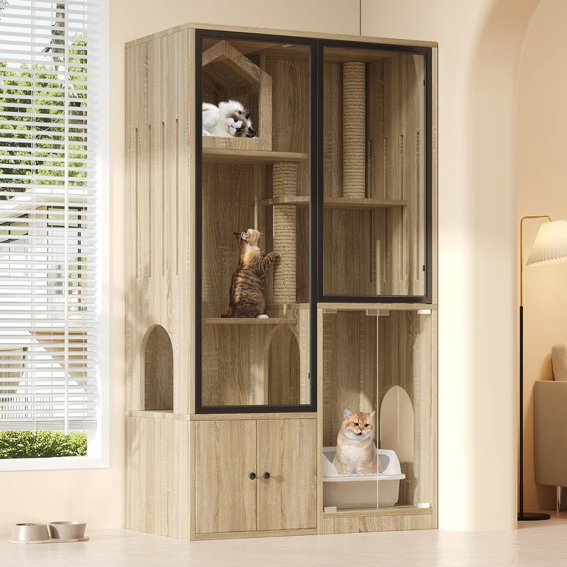 Meuble maison chat en verre chêne gris, 4 niveaux, bois naturel, avec griffoir 90x50x160cm UNICELL